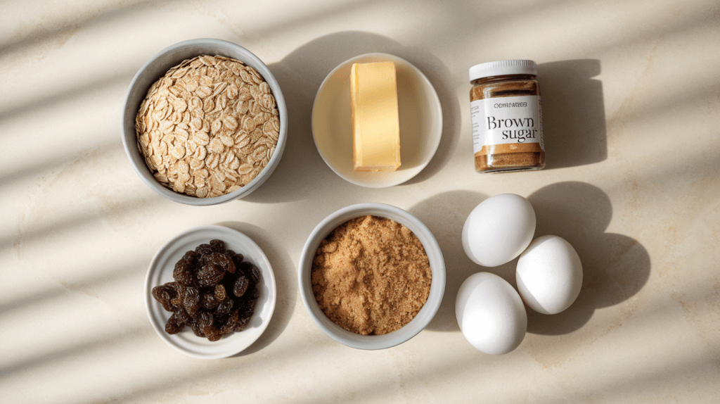 Flat-lay of oatmeal cookie ingredients including oats, butter, brown sugar, cinnamon, eggs, and raisins, arranged on a light surface with natural lighting