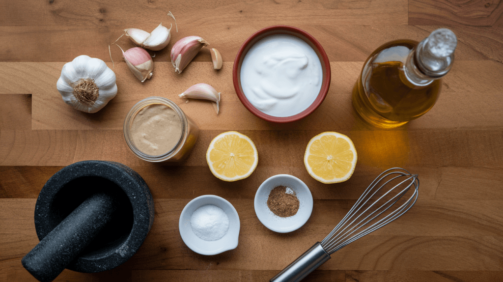 Key ingredients for shawarma sauce, including garlic, yogurt, tahini, lemon, olive oil, cumin, and salt, arranged on a wooden countertop