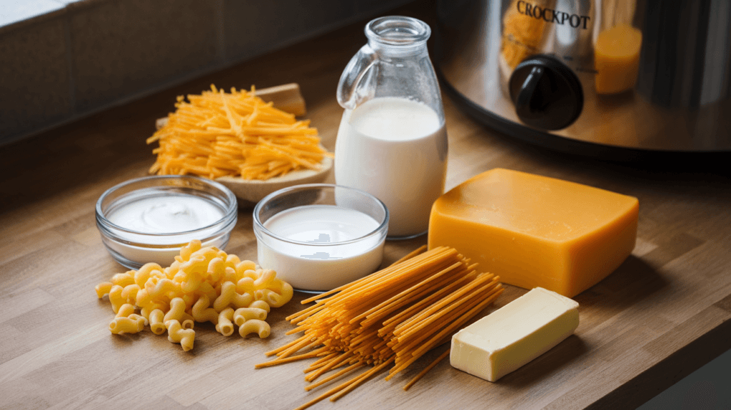 Ingredients for creamy crockpot mac and cheese, including fresh Cheddar cheese, heavy cream, and uncooked macaroni