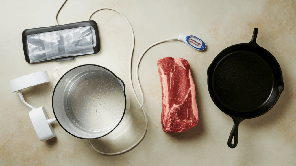 Sous vide equipment essentials, including an immersion circulator, vacuum sealer, water container, meat thermometer, and cast iron skillet