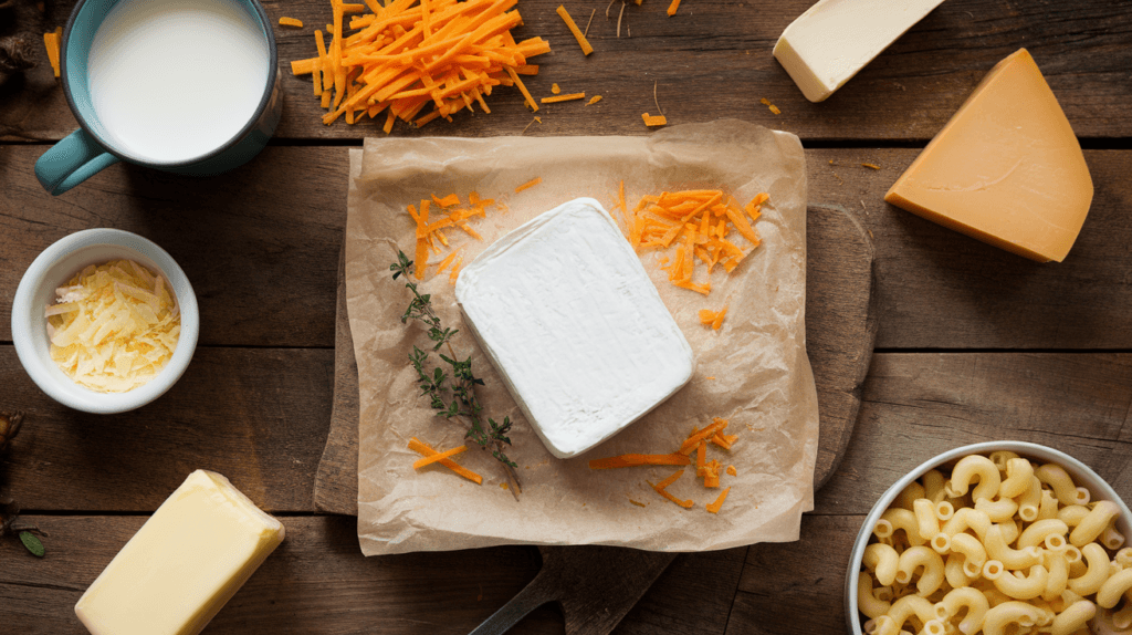 Flat lay of mac and cheese ingredients, including cream cheese, grated cheddar, butter, milk, and uncooked pasta, ready for preparation