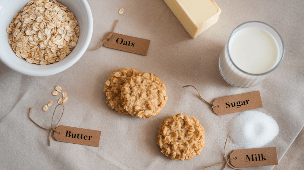 Flat-lay of Lil Dutch Maid Ingredients and oatmeal cookies, highlighting natural components like oats, butter, sugar, and milk for nutritional balance