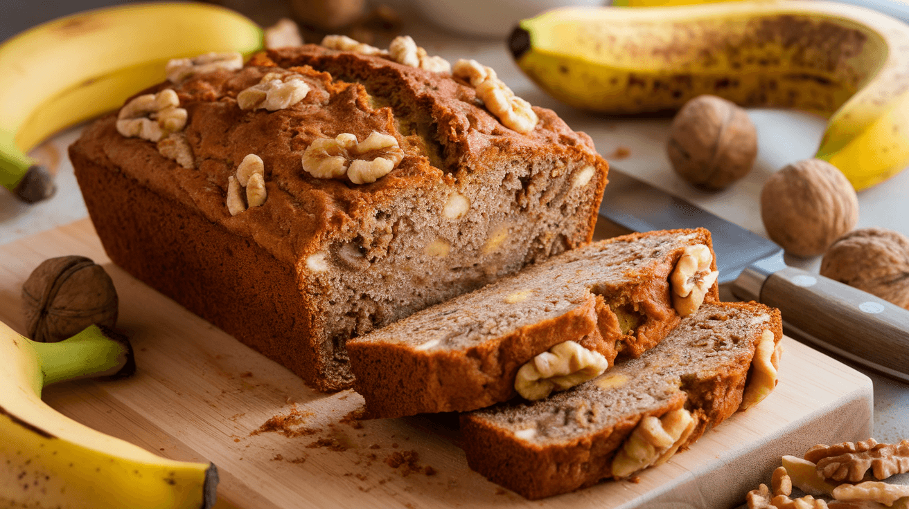 Freshly baked banana nut bread on a wooden board, sliced to show a moist interior, surrounded by bananas and walnuts