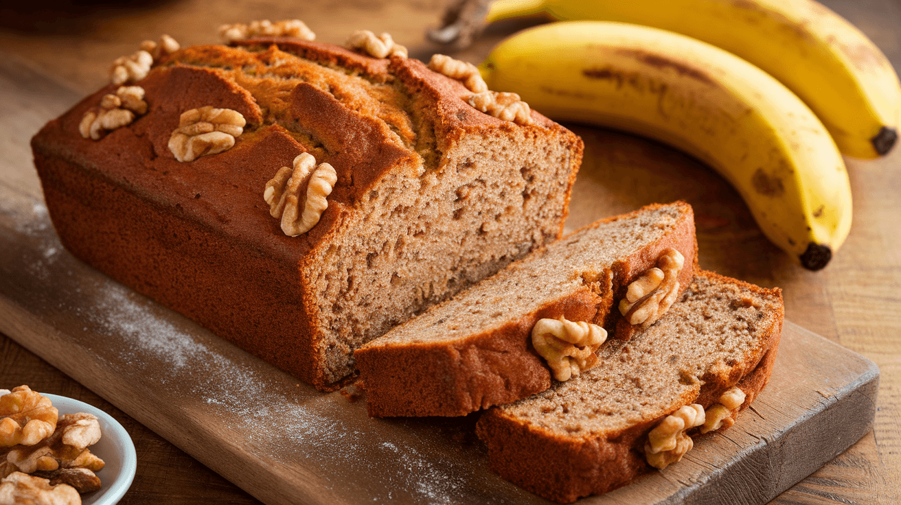 Freshly baked 2 banana nut bread loaf with golden crust, sliced to show moist texture, placed on a wooden board with bananas and walnuts.