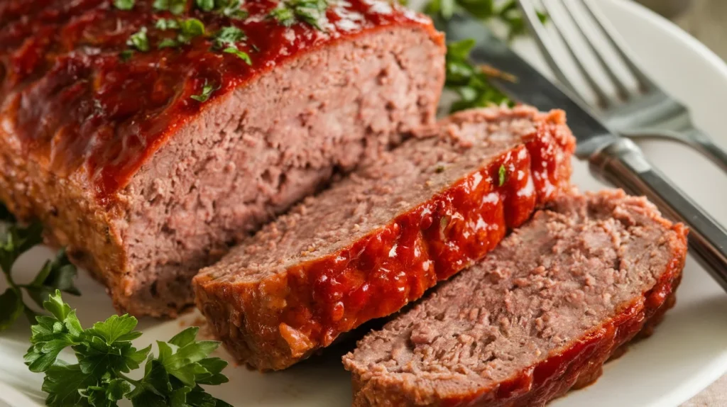 Moist and tender meatloaf slices, garnished with parsley, showing the texture benefits of using milk in the recipe