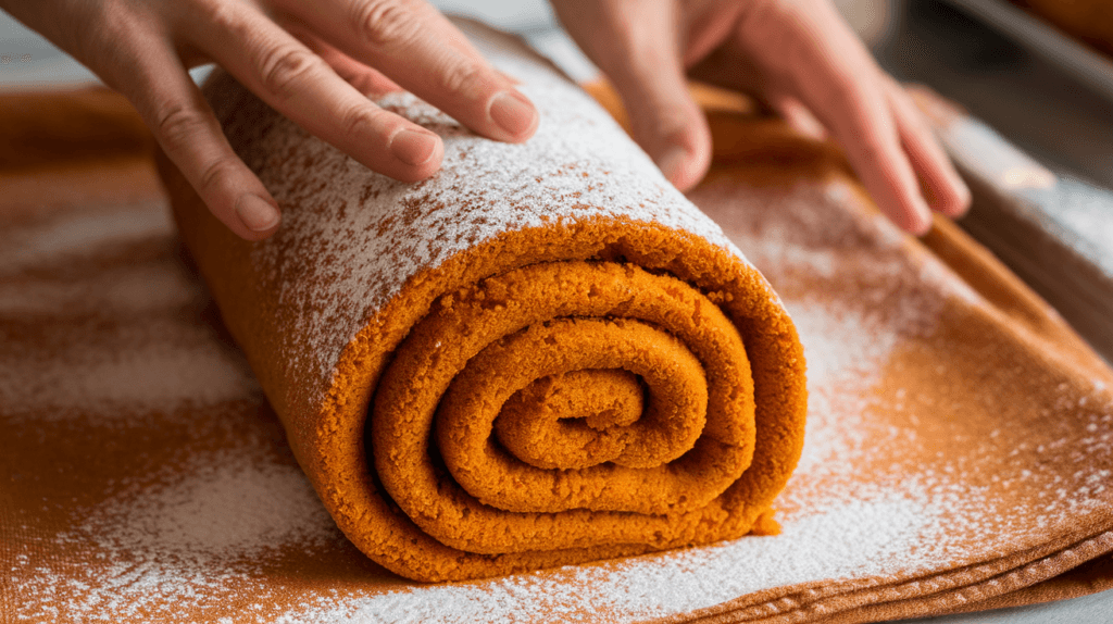 Hands rolling a warm pumpkin cake into a log using a powdered sugar-dusted towel for Libby’s Pumpkin Roll recipe