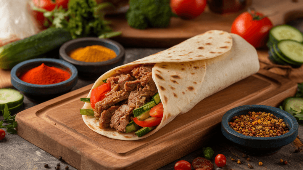 Freshly cooked shawarma wrap with vibrant spices and fresh vegetables on a wooden cutting board