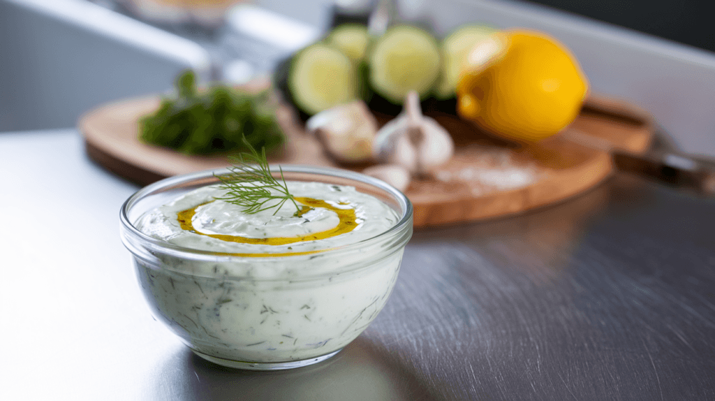 Freshly made tzatziki sauce in a glass bowl, garnished with olive oil and dill, with preparation ingredients in the background