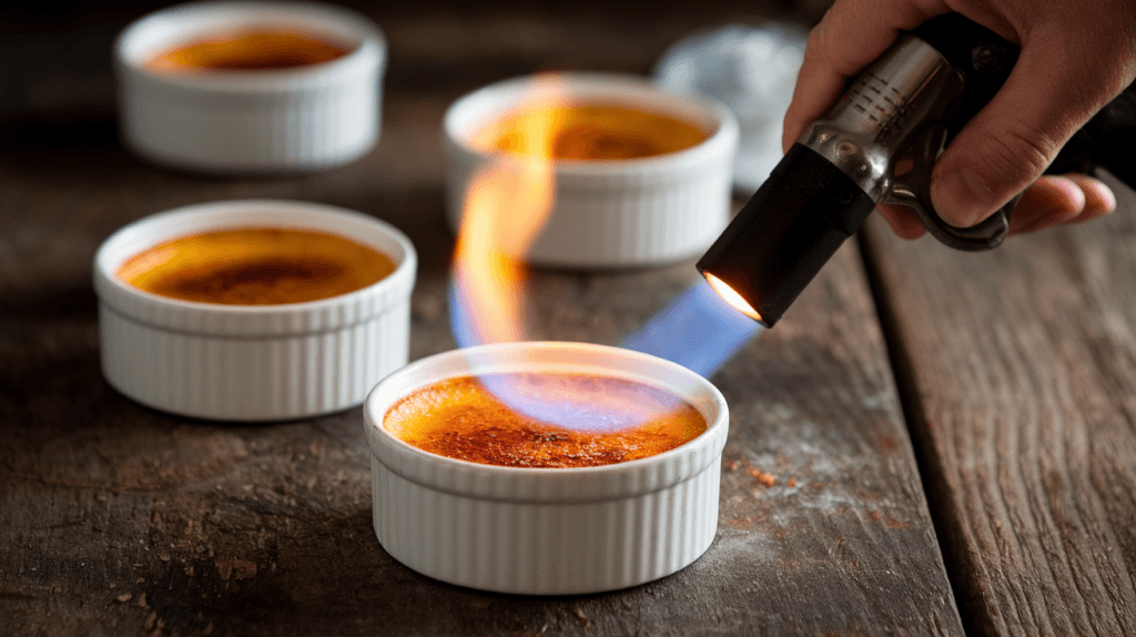 A culinary blowtorch caramelizing the sugar on top of crème brûlée in a white ramekin, creating a golden-brown crust on a rustic wooden surface.