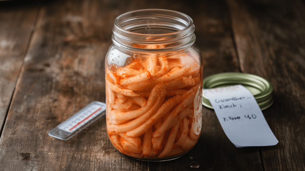 A jar of cucumber kimchi sealed with an airtight lid, stored on a rustic wooden table with a label showing the preparation date