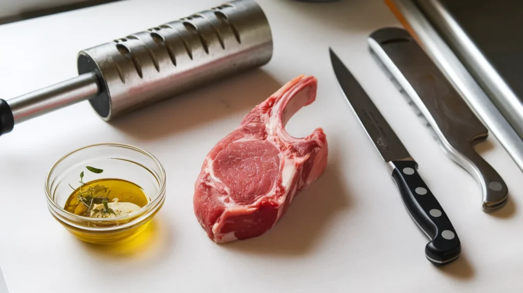 Essential tools for tenderizing lamb chops, including a meat mallet, marinade, and a knife, displayed on a kitchen counter with a raw lamb chop