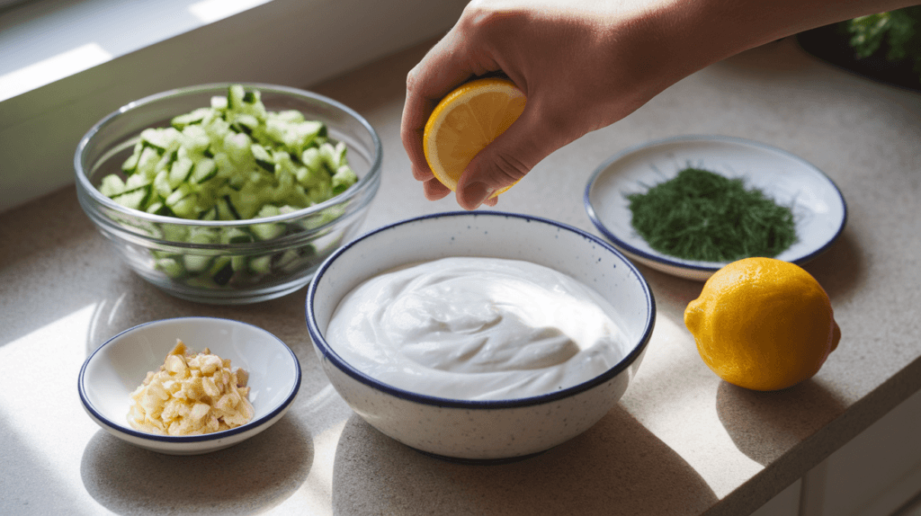 Ingredients for making tzatziki sauce: Greek yogurt, grated cucumber, minced garlic, dill, and lemon juice being prepared on a kitchen countertop