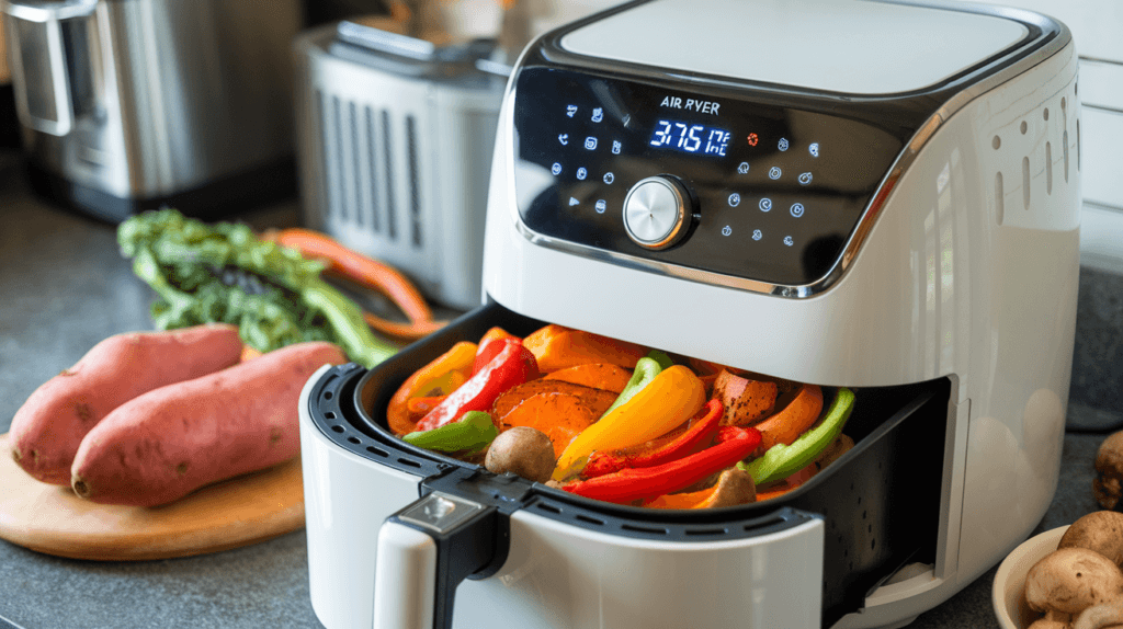 An air fryer set to 375°F surrounded by fresh vegetables, ready to be air-fried to crispy perfection