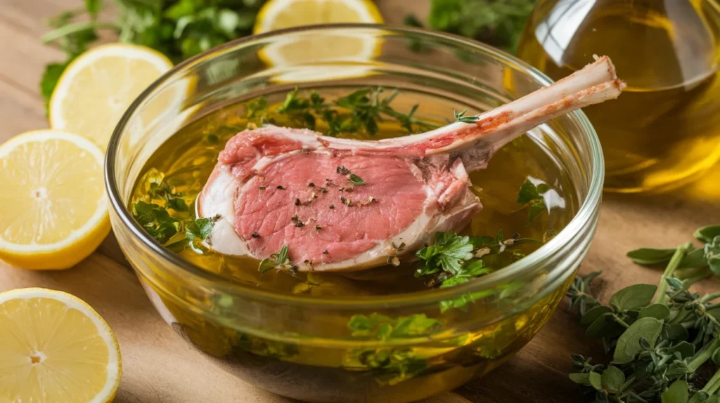 Lamb chop in a glass bowl of marinade made with olive oil, lemon juice, garlic, and fresh herbs, surrounded by marinade ingredients on a kitchen table