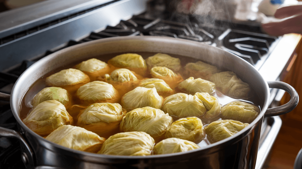 Cabbage rolls boiling in broth on the stove with visible steam, illustrating the importance of temperature control