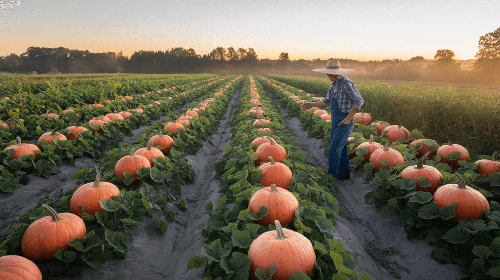 A pumpkin field at sunrise, with a farmer inspecting Dickinson pumpkins, symbolizing the careful farming practices used for Libby’s pumpkin production