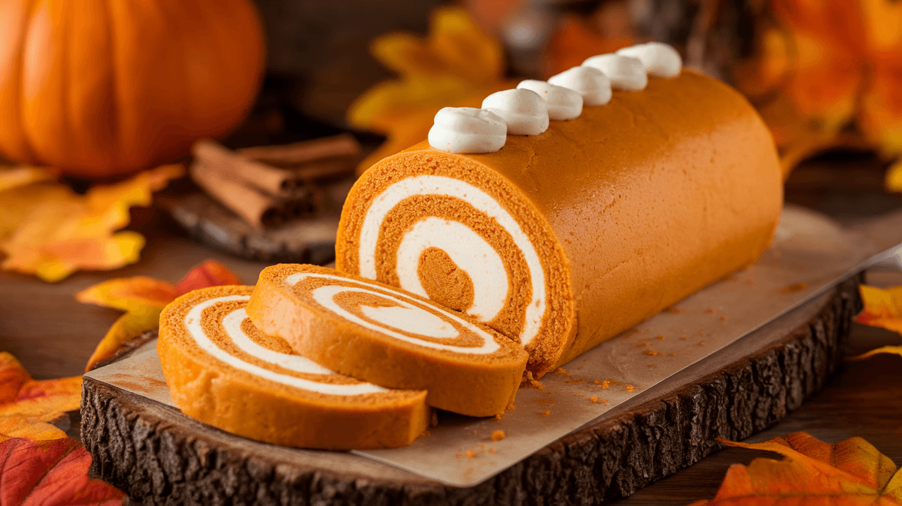 Libby’s Pumpkin Roll sliced on a wooden board with cream cheese filling, surrounded by fall decorations like pumpkins and cinnamon sticks