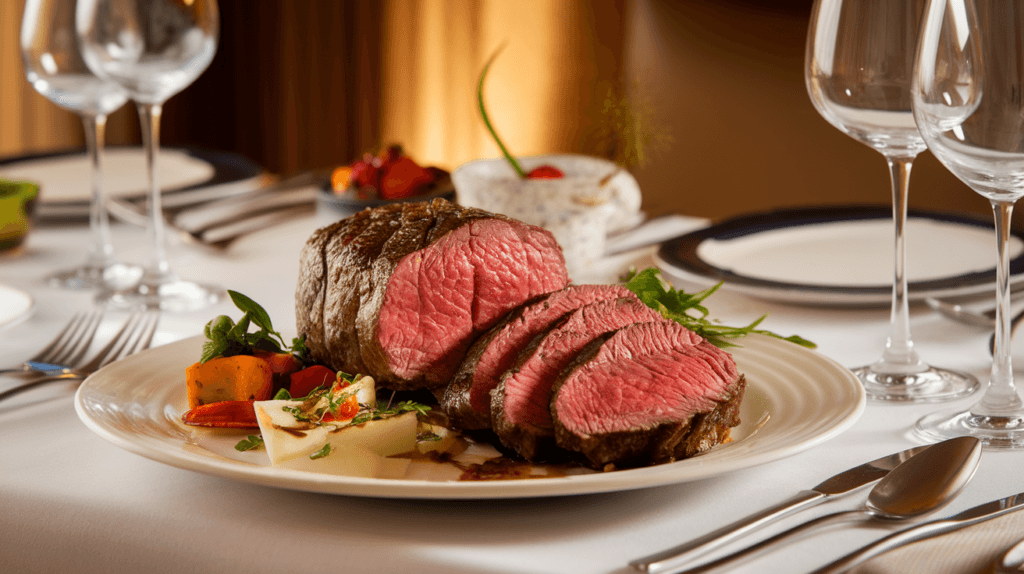 Perfectly cooked beef tenderloin sliced medium-rare, served on a dining table with garnishes and elegant tableware