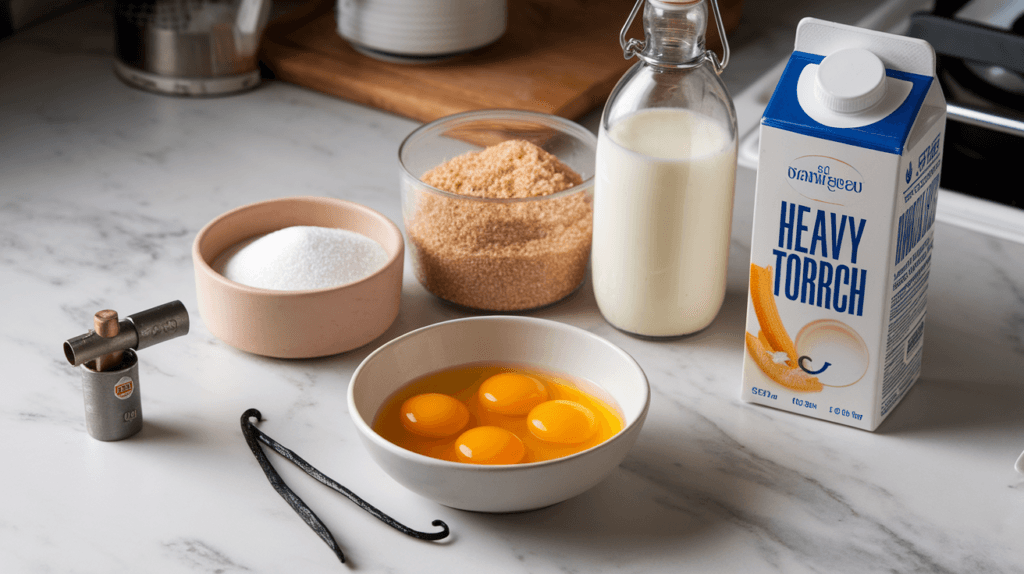 Ingredients for crème brûlée, including a bowl of egg yolks, granulated sugar, a bottle of milk, a carton of heavy cream, and a vanilla pod arranged neatly on a marble kitchen counter."