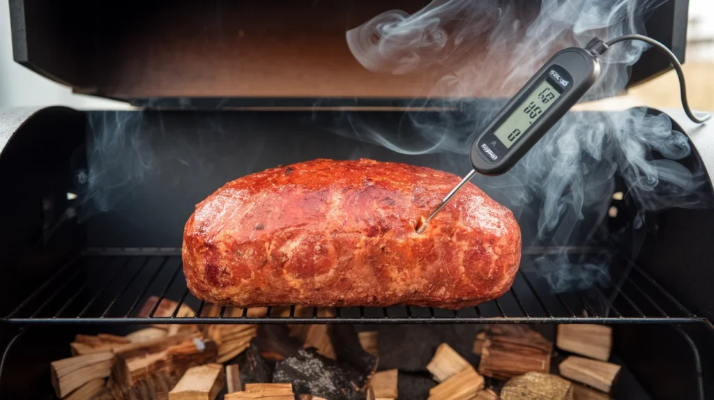 A smoked meatloaf inside a smoker with a digital thermometer inserted, showing temperature monitoring during the smoking process.