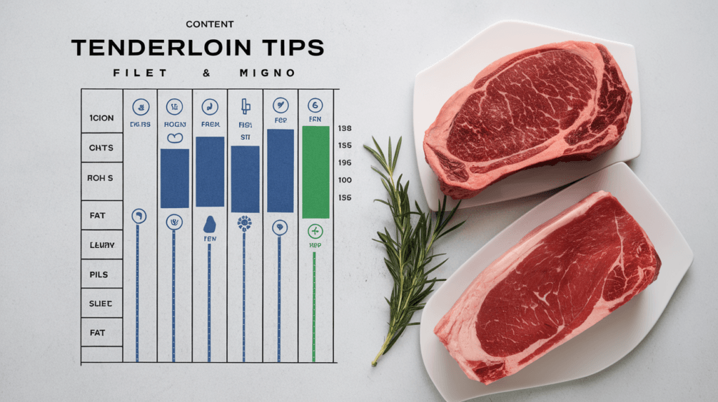 Infographic showing the nutritional differences between tenderloin tips and filet mignon, including calories, protein, and fat content.