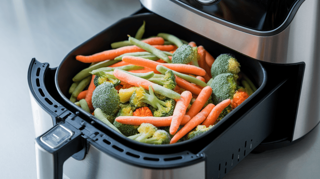 Frozen vegetables in an air fryer basket, ready for cooking, including broccoli, carrots, and green beans