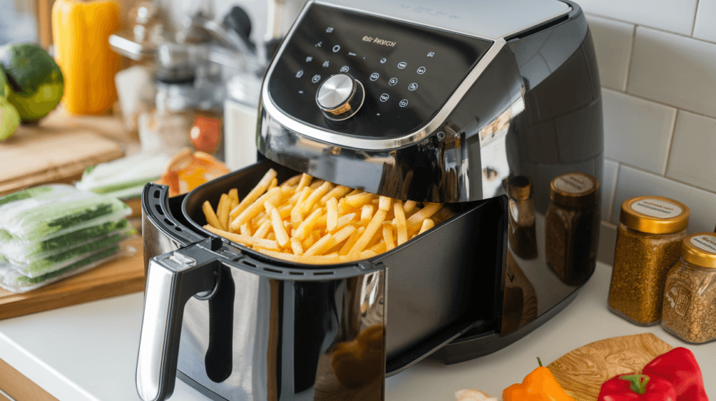 Modern air fryer cooking frozen French fries with seasoning jars and frozen vegetables on a kitchen countertop