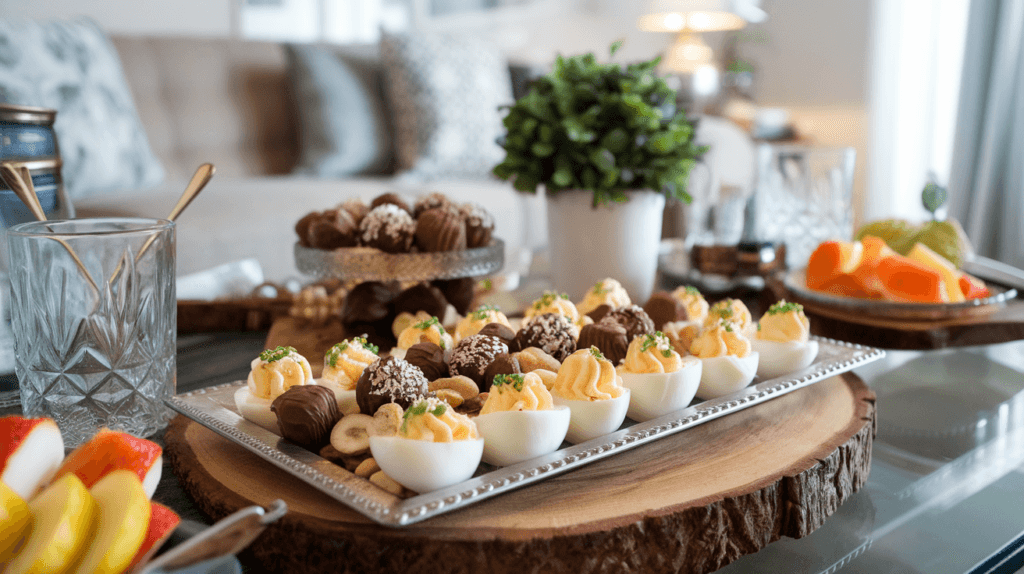 Creative use of a deviled egg tray to serve truffles, nuts, and fruit at a festive party.