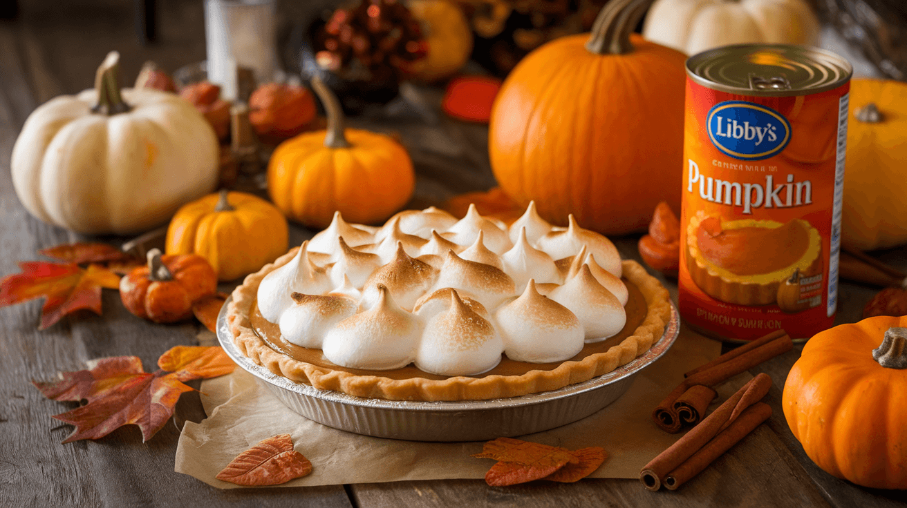 Delicious pumpkin pie made with Libby’s pumpkin, placed on a rustic table surrounded by autumn-themed decorationns