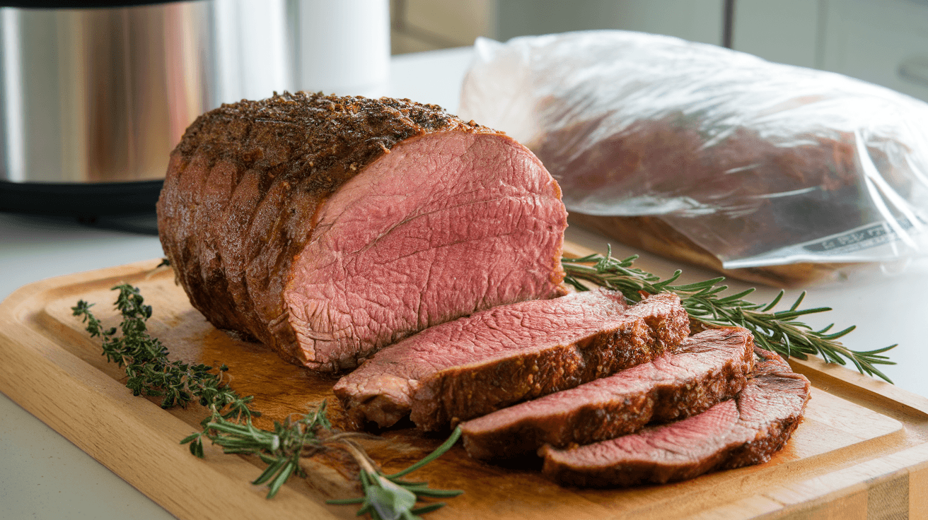 Sliced 3 lb roast cooked using sous vide, showing tender interior with rosemary and thyme on a wooden cutting board