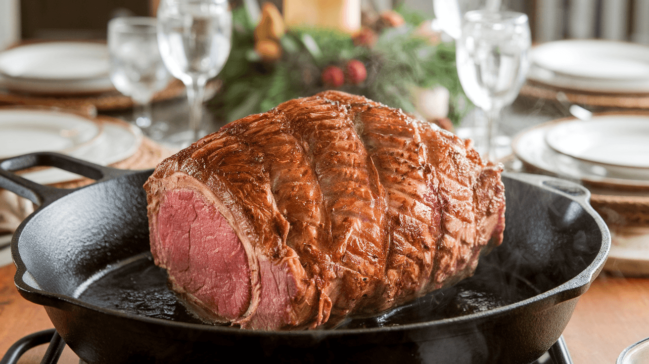 Perfectly cooked prime rib roast being seared in a hot cast-iron skillet, creating a golden crust with a festive dinner table in the background