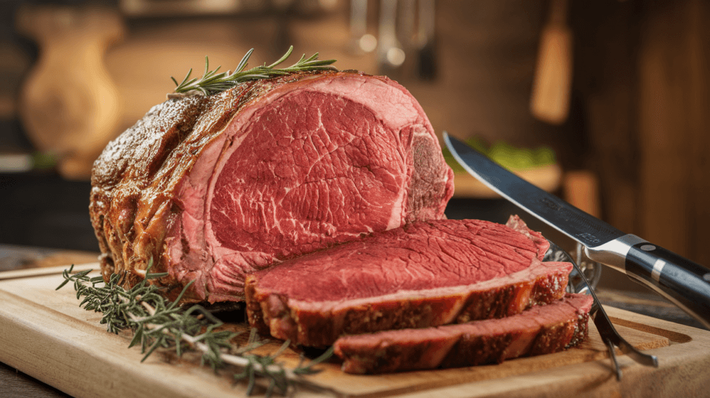 Perfectly cooked sous vide prime rib with a golden crust, sliced to reveal a tender, pink interior, garnished with rosemary and thyme