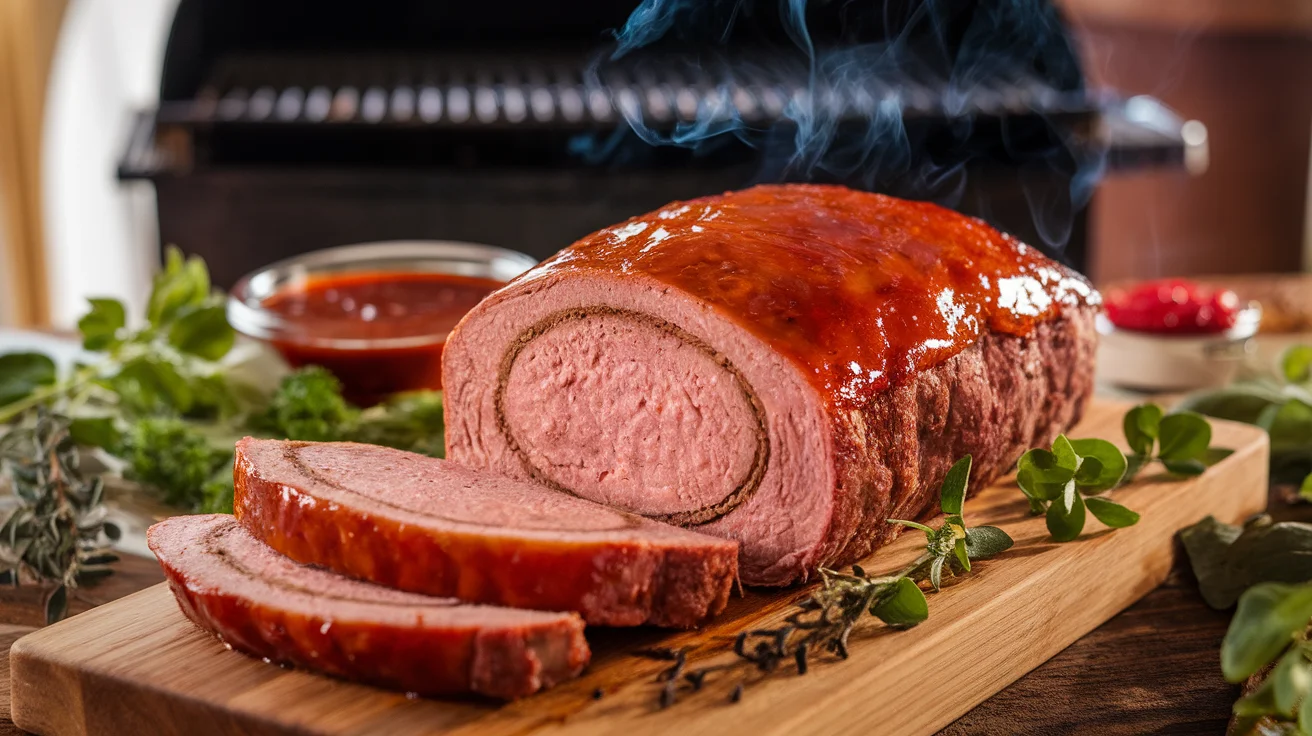 A freshly sliced smoked meatloaf with a shiny glaze, pink smoke ring, and a wooden cutting board, showing juicy texture and perfect smoking results.