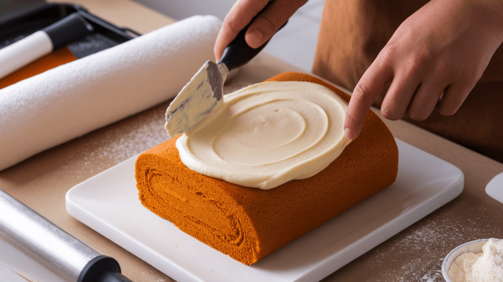 Hands spreading cream cheese filling on a pumpkin sponge cake with an offset spatula, showcasing preparation for a crack-free roll