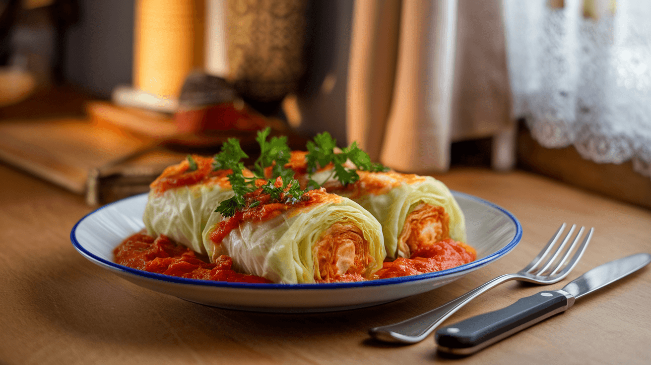 A plate of perfectly cooked cabbage rolls served with tomato sauce and garnished with parsley, showcasing the ideal result of proper preparation