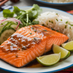 A plated Asian salmon fillet with soy-ginger glaze, cucumber sesame salad, jasmine rice, and garnished with cilantro and lime