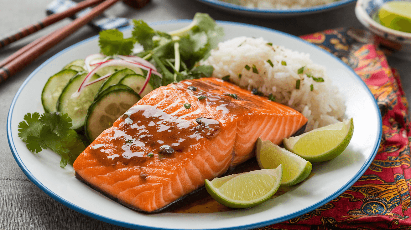 A plated Asian salmon fillet with soy-ginger glaze, cucumber sesame salad, jasmine rice, and garnished with cilantro and lime