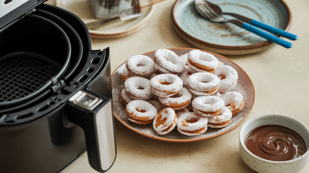 Reheated fried Oreos served with powdered sugar and chocolate sauce, with an air fryer visible, showcasing the reheating process