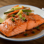 Cooked Asian salmon fillet glazed with marinade, garnished with sesame seeds and green onions, served with rice and vegetables