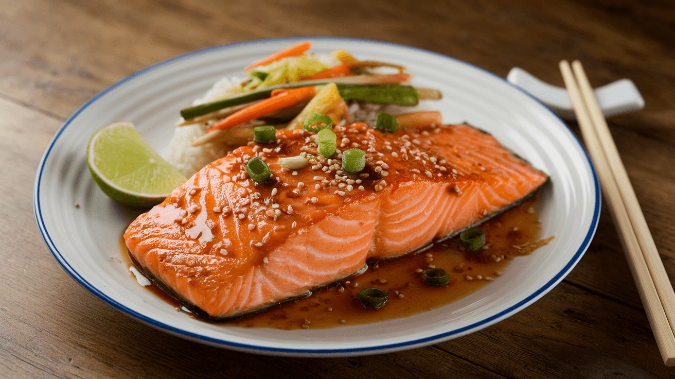 Cooked Asian salmon fillet glazed with marinade, garnished with sesame seeds and green onions, served with rice and vegetables