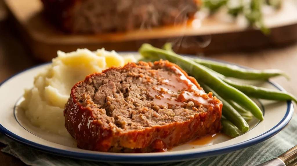 A hearty dinner plate featuring meatloaf, mashed potatoes, and green beans, highlighting the perfect texture and flavor achieved with milk