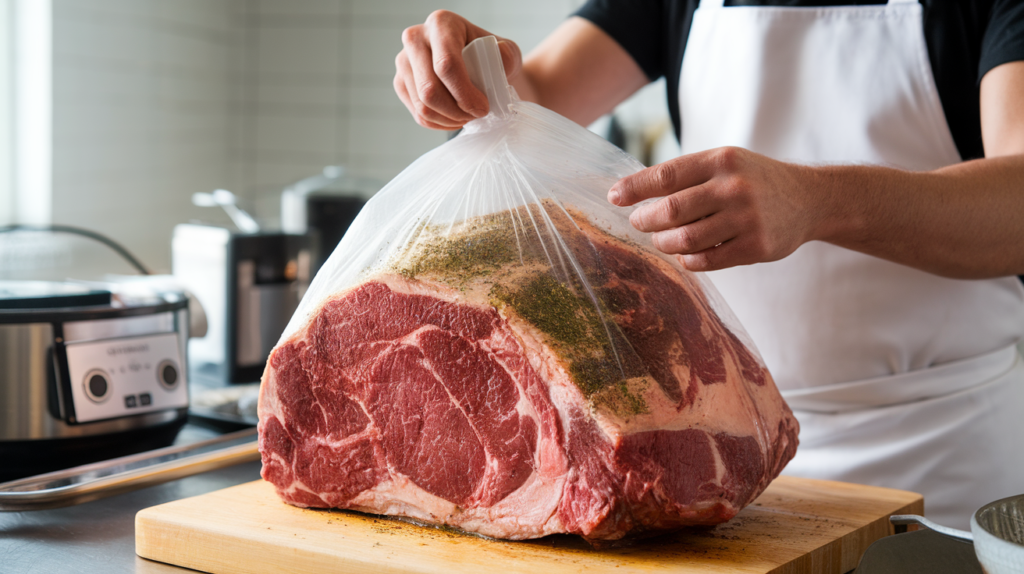 Chef preparing a seasoned prime rib roast in a vacuum-sealed bag for sous vide cooking, showcasing sous vide equipment in a modern kitchen