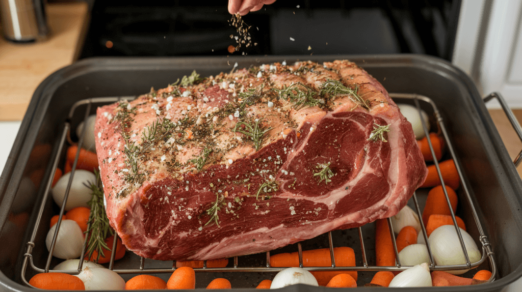 A raw 5 lb prime rib seasoned with salt, pepper, and herbs in a roasting pan with vegetables, ready to be cooked in the oven