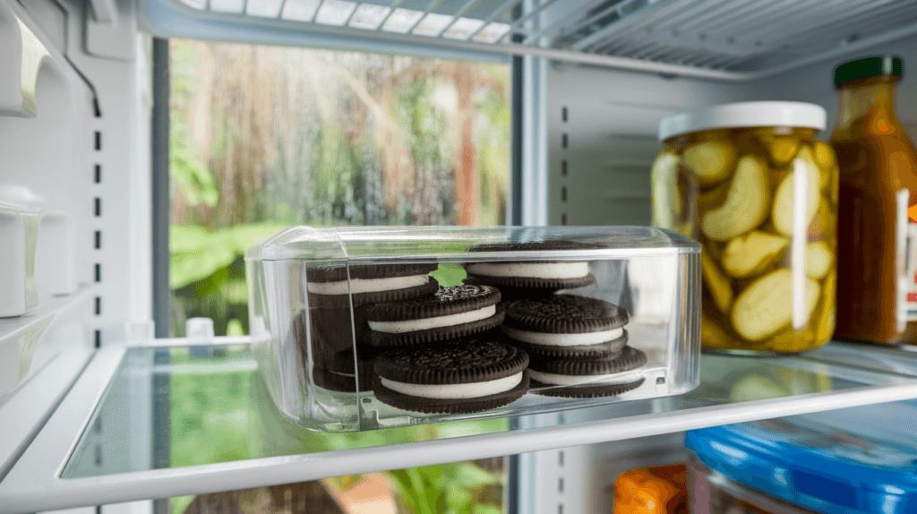 Oreo cookies stored in a refrigerator on a humid day, highlighting proper storage to prevent melting or sogginess