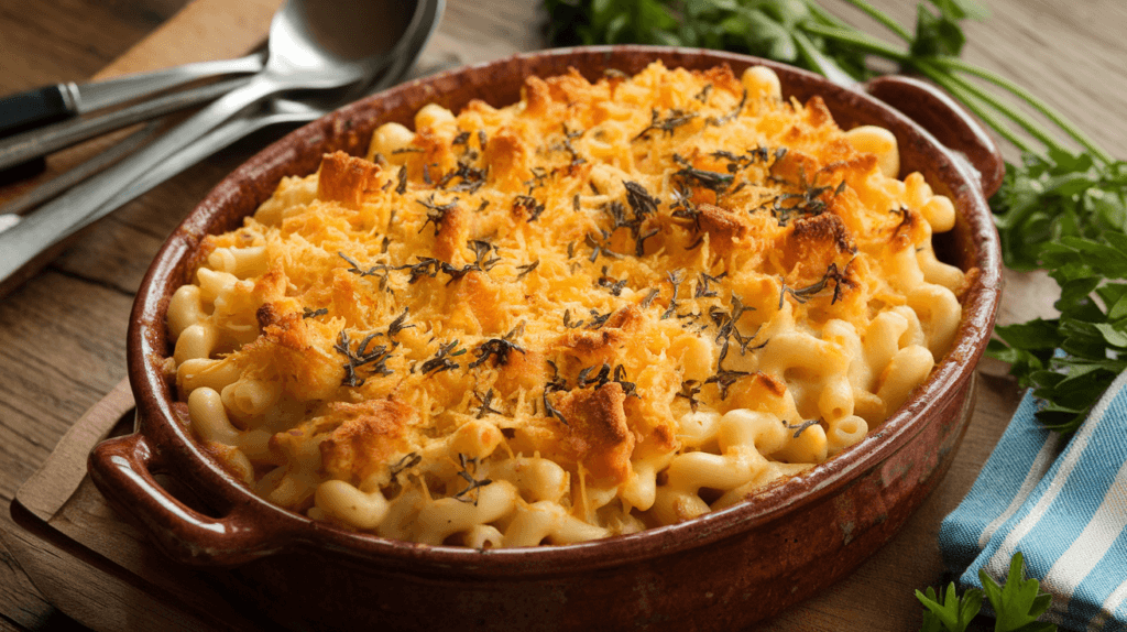 Perfectly baked mac and cheese with a golden topping and creamy layers, ready to serve for a comforting meal