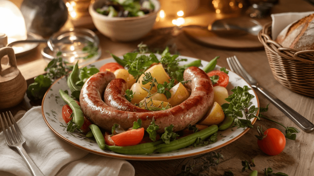 A plate of sausage and potatoes with fresh vegetable sides, styled on a rustic dinner table with warm, inviting ambiance