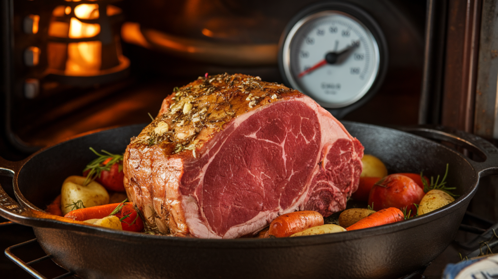 A prime rib seasoned with herbs and garlic slow-cooking in a roasting pan, surrounded by vegetables, highlighting the slow-cooking process