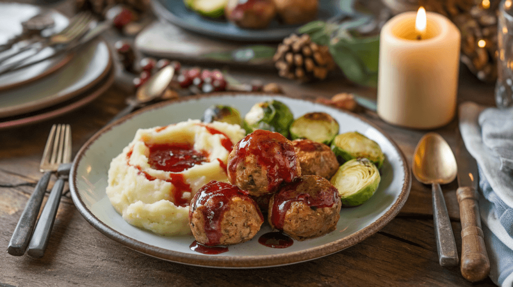 Costco cranberry jalapeño meatballs paired with mashed potatoes, roasted brussels sprouts, and a cranberry glaze drizzle for a complete meal