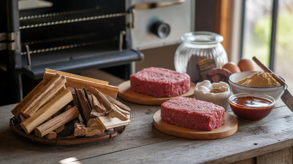 An assortment of smoking wood chips alongside raw meatloaf ingredients, including ground meat, eggs, breadcrumbs, and a bowl of glaze, ready for preparation.