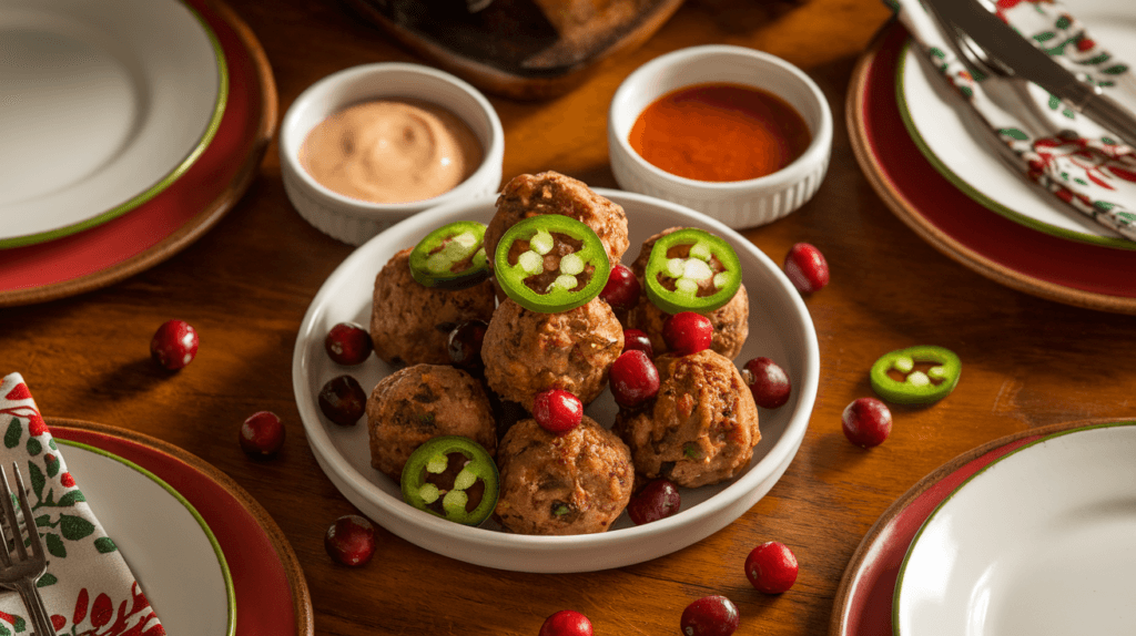 Costco cranberry jalapeño meatballs served on a white plate, garnished with fresh cranberries and sliced jalapeños, with a dipping sauce on the side